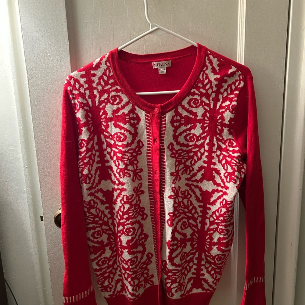 Merona Women's Cardigan in Red and White Floral Design